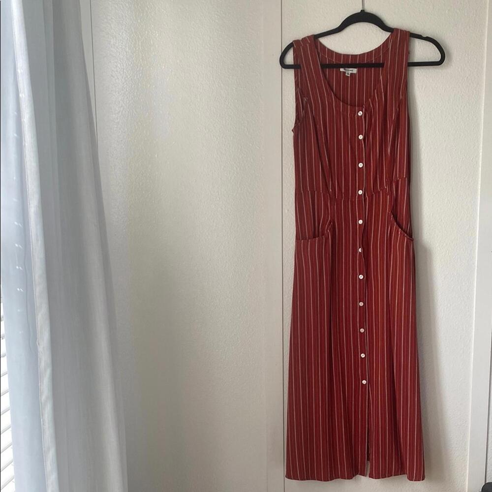 Max Studio Rust Red White Striped Midi Dress Button Sleeveless Size M